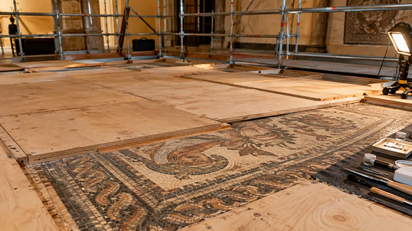 Un cantiere di restauro dentro una sala di museo, con l’opera coperta