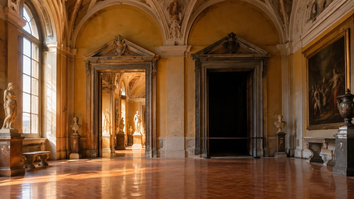 Una sala di museo chiusa al pubblico dietro un pannello di cantiere