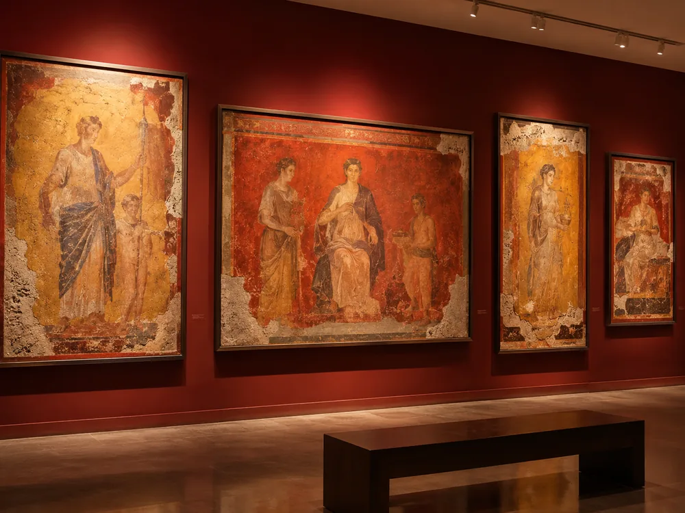 Affreschi vesuviani su fondo rosso, del tipo raccolto nelle sale degli affreschi al secondo piano