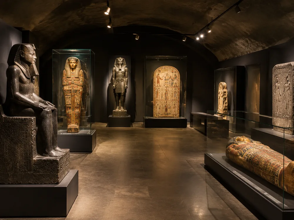 Sarcofagi e stele egizie in una sala in penombra, come al livello −1