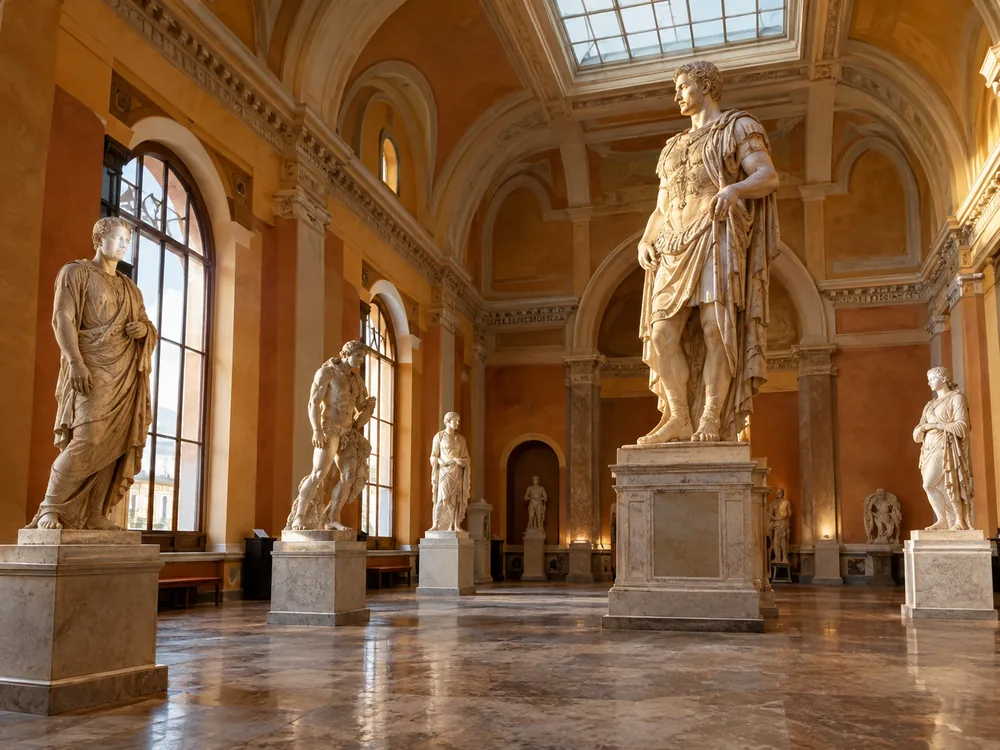 Statuaria romana in marmo in una galleria a volta, come le sale della Collezione Farnese al piano terra