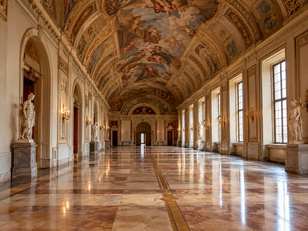 Un salone con la volta affrescata e la linea della meridiana tracciata sul pavimento